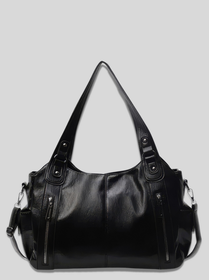 Back view of the Grace Everyday City Bag in black vegan leather with two shoulder straps and side pockets