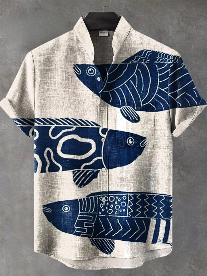 Beige cotton shirt with a blue vintage fish art print, front view