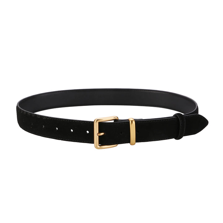 Front view of a black vintage suede leather belt with a gold buckle on a white background
