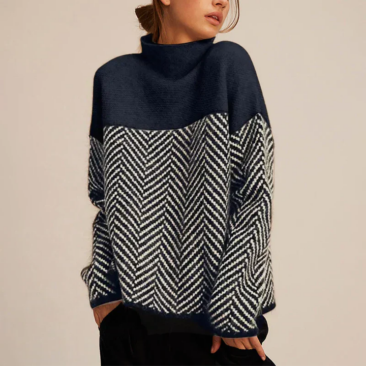 Navy blue herringbone turtleneck jumper, three quarter front view worn by model