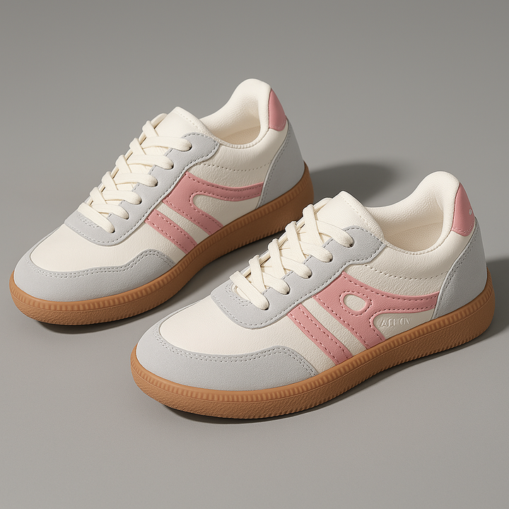 Ulani orthopedic comfort shoes, three quarter top view, white and pink sneakers with gum sole