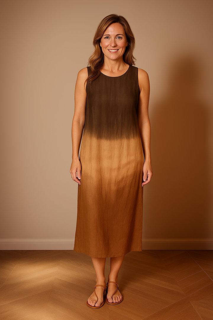 Willa Printed Dress front view worn by model, a sleeveless midi dress with a dark brown to light brown ombre print