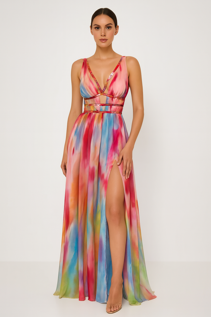 Front view of a model wearing a colourful painted maxi dress with a deep V neck and thigh high split