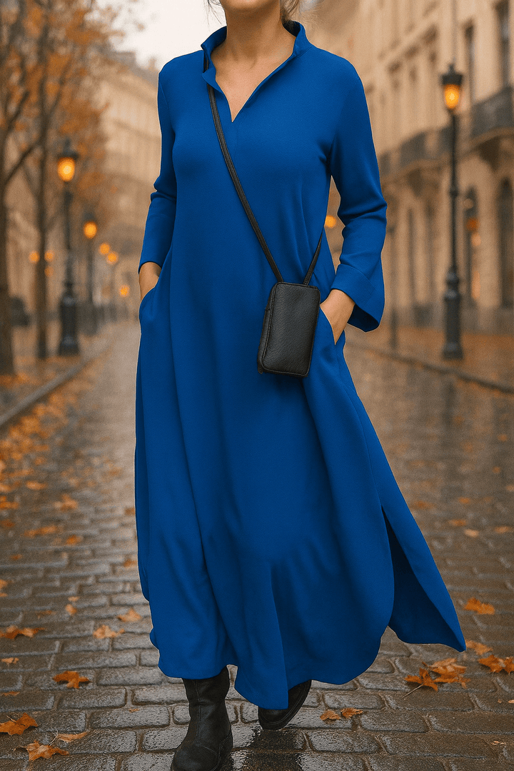 Royal blue V neck oversized long dress with side splits and pockets