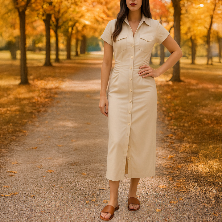 Three quarter front view of a model in a buttoned midi shirt dress walking on a path with autumn trees