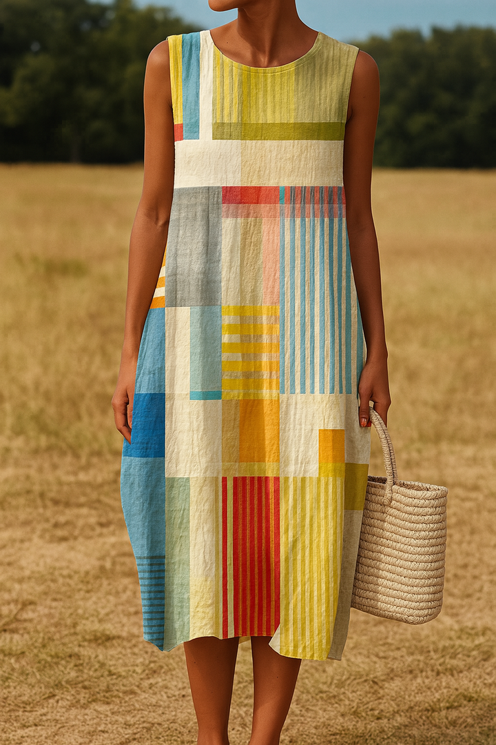 Front view, model wearing a sleeveless modern patchwork boho dress with colourful vertical and horizontal stripes