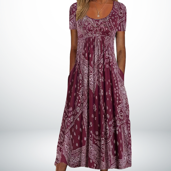 Burgundy bohemian midi dress with a white paisley print and pockets