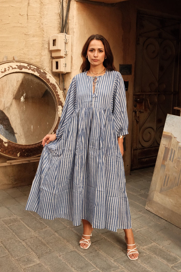 Front view of a model wearing the high-waisted striped Women&