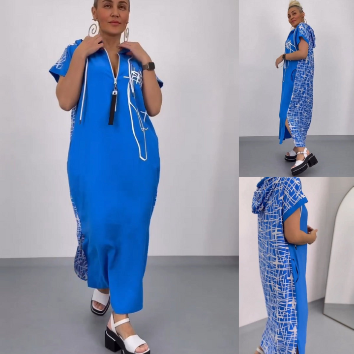 Front and back three quarter views of an elegant asymmetrical ankle dress worn by a model
