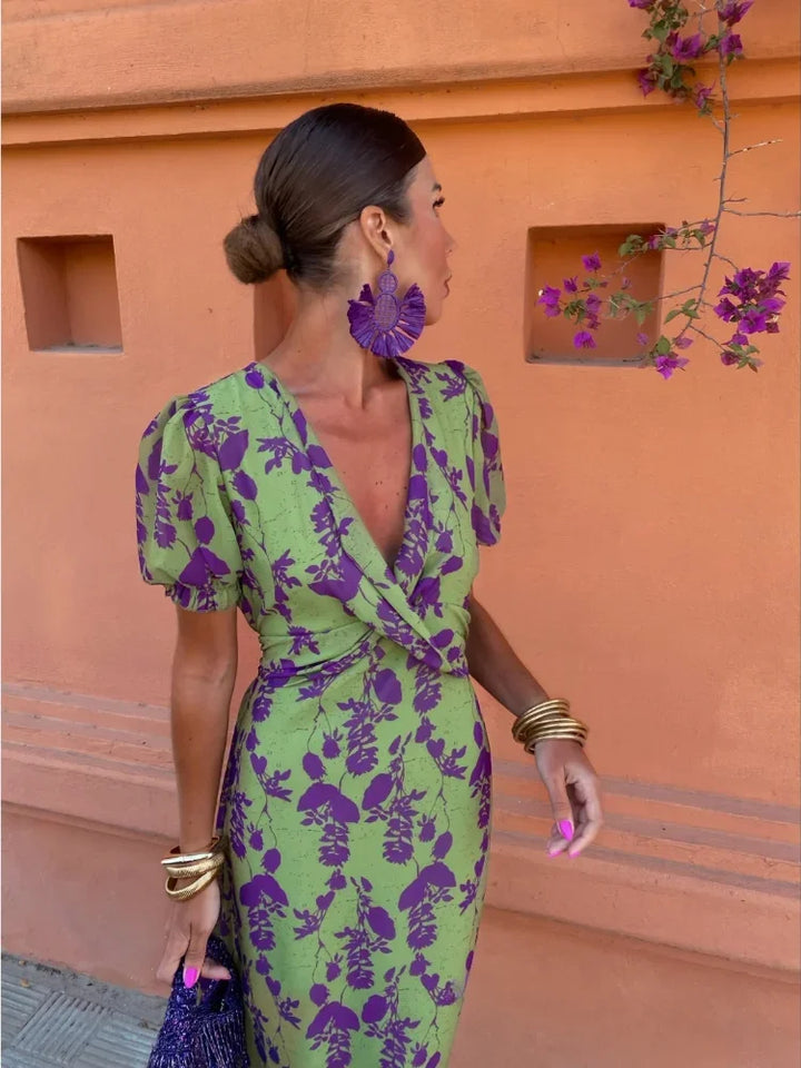 Lime green summer dress with a purple floral print, side view