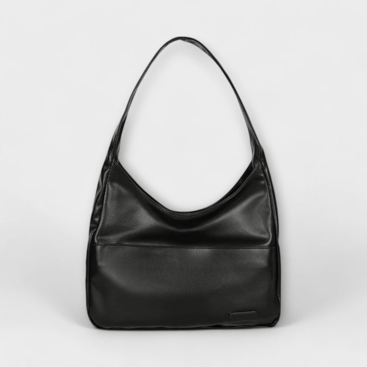 Front view of a black PU leather shoulder bag with a single strap and a subtle front pocket