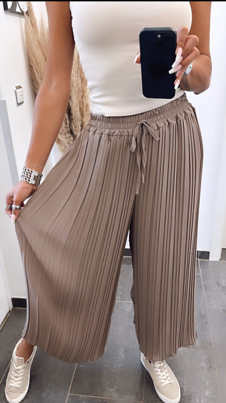 Front view, model wearing taupe-mud pleated trousers with wide leg, white top, and holding a phone