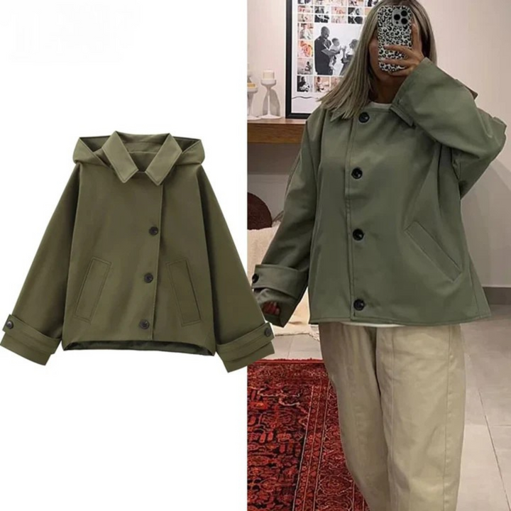 Cropped hooded windbreaker jacket flat lay and worn by model, front view, in olive green with black buttons