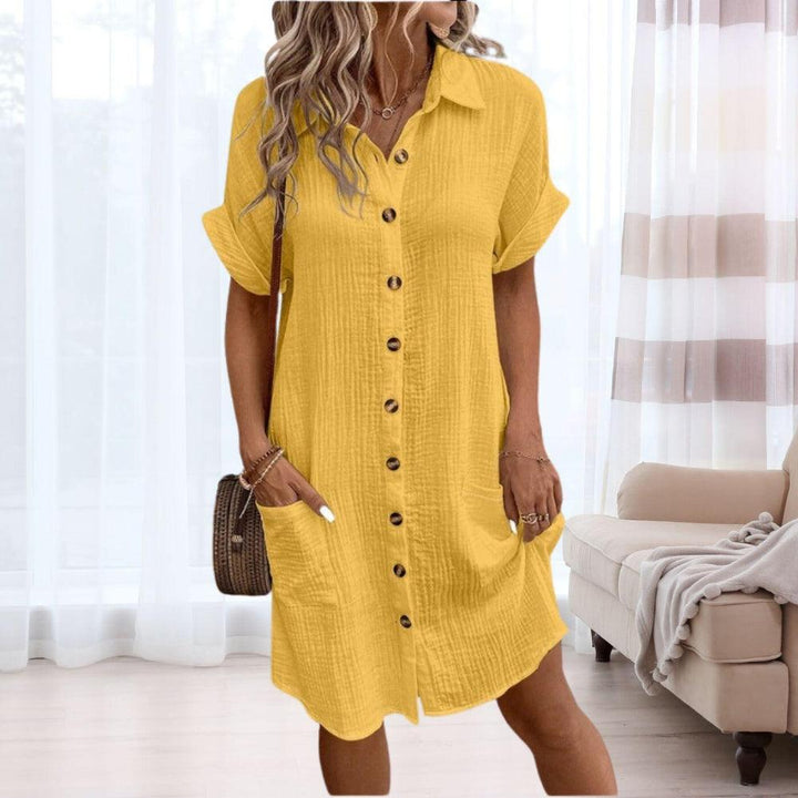 Front view of a yellow rayon cotton blend women&