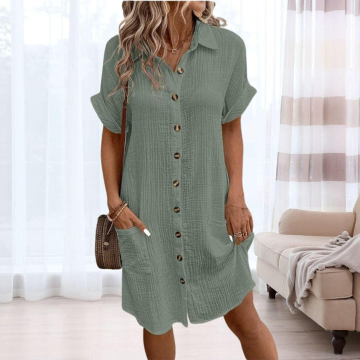 Front view of a sage rayon cotton blend women&