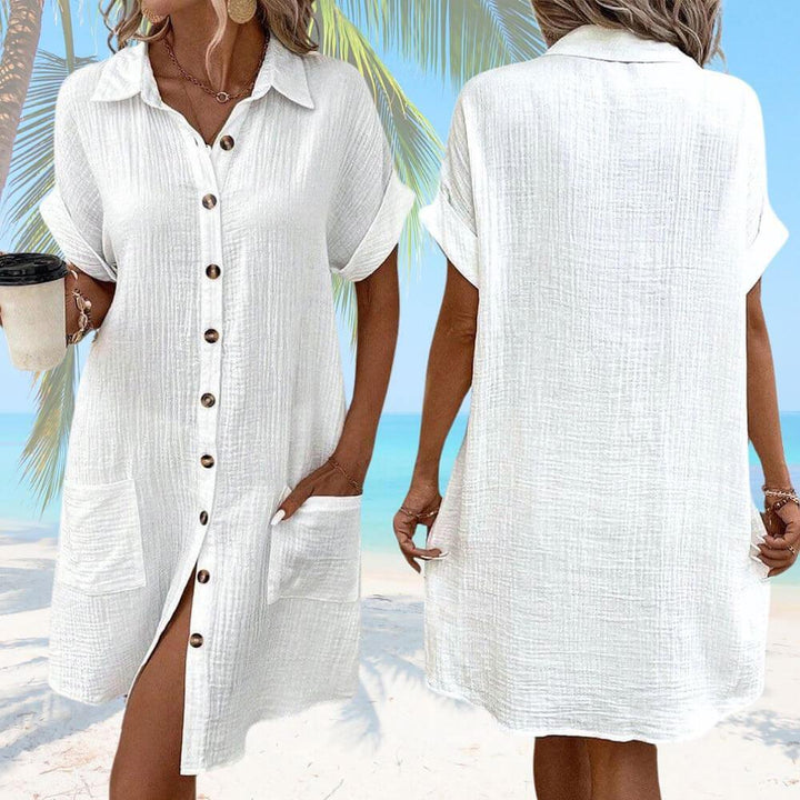 Front and back view of a white rayon cotton blend women&