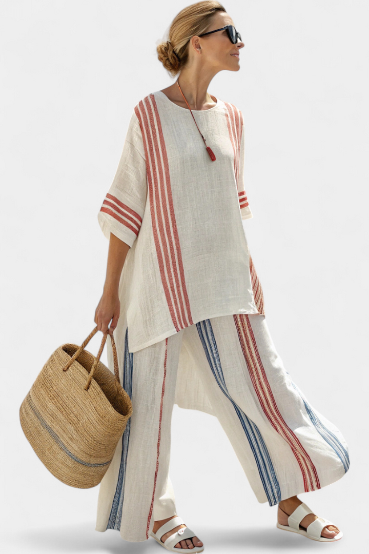 Off white two piece linen suit with striped trim, back three quarter view
