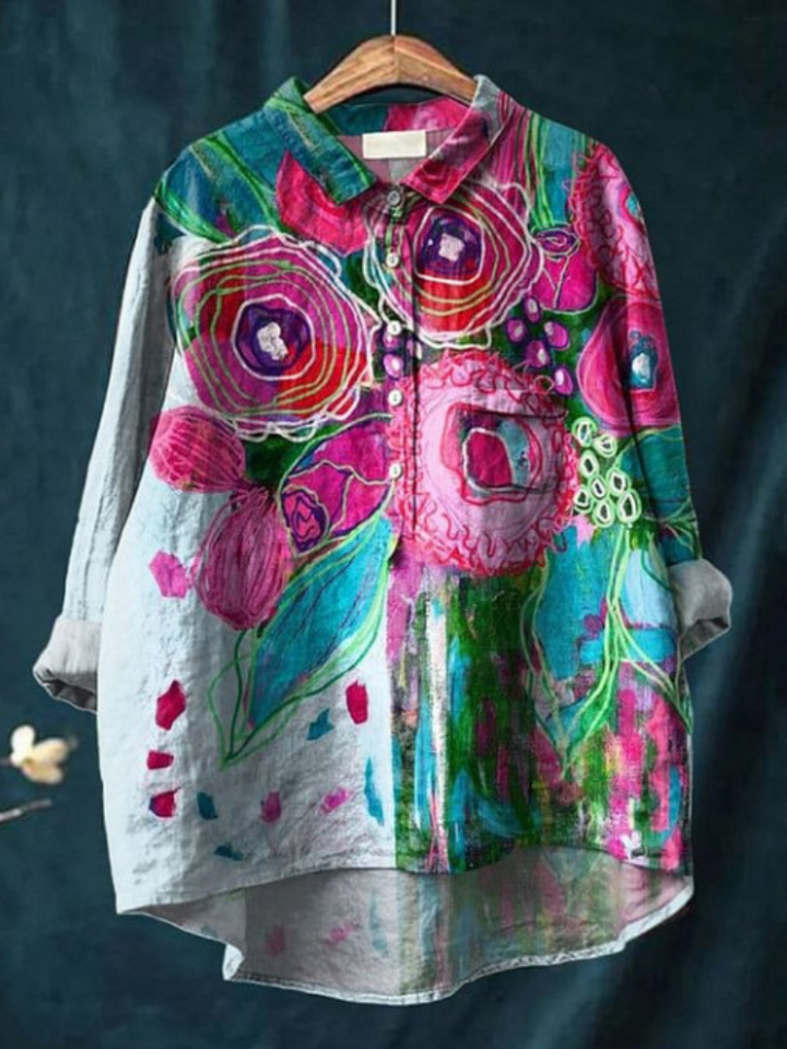 Peace Hippie-Inspired Art Shirt front view with vibrant floral print and a grey base, on a hanger
