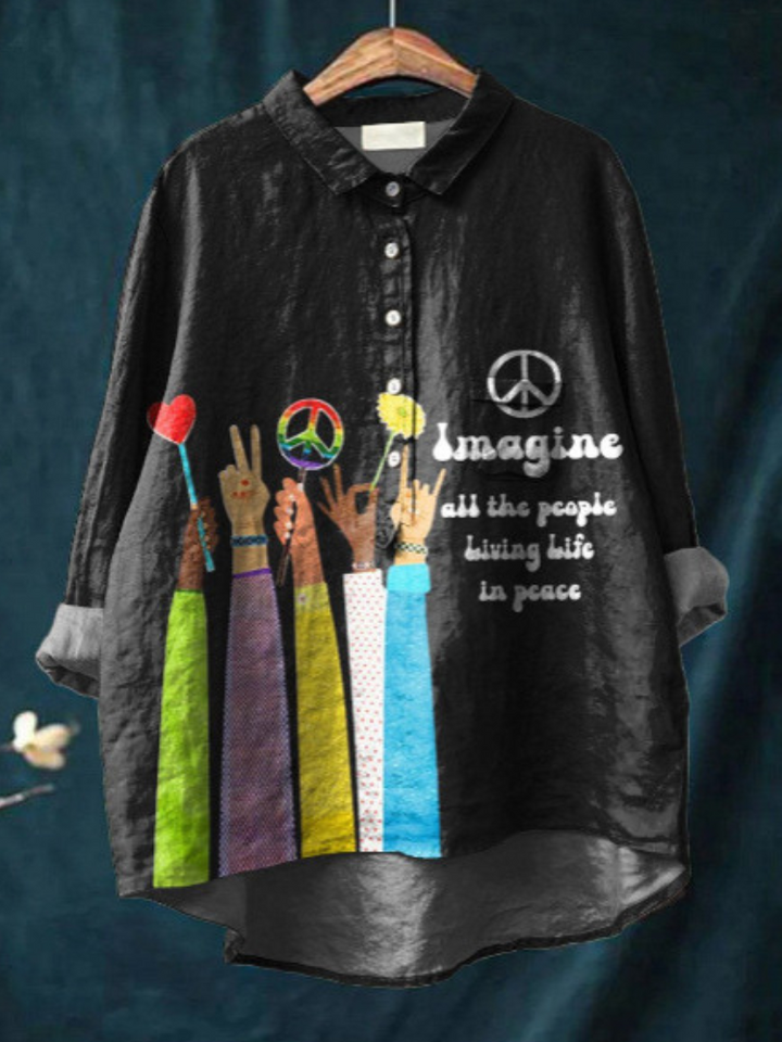 Peace Hippie-Inspired Art Shirt front view with vibrant hands holding peace signs and text "Imagine all the people living