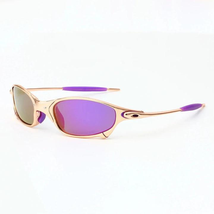 Three quarter view of Ecliptic polarized sunglasses with gold frame, purple accents and purple lenses on a white background