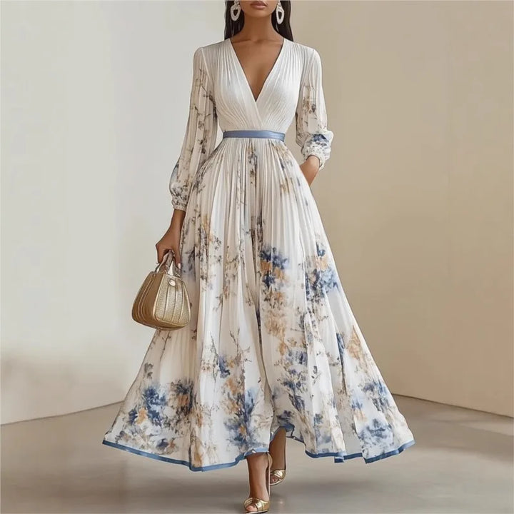 Off white floral patchwork maxi dress with a blue waist ribbon