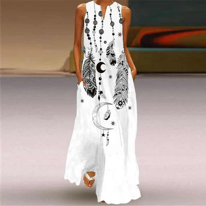 Front view worn by model, Butterfly Bloom A-Line Dress with black and white feather and moon print