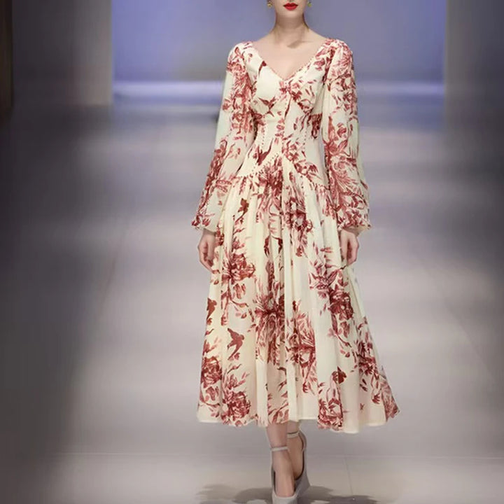 Cream and red floral chiffon dress with a V neck and lantern sleeves