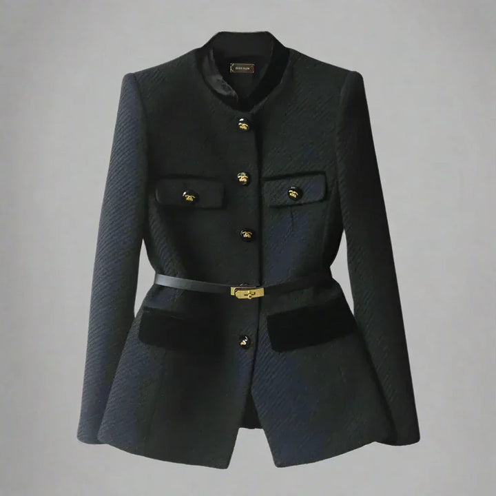 Front view of the Hazel wool coat, a black tailored jacket with gold buttons and a thin black belt