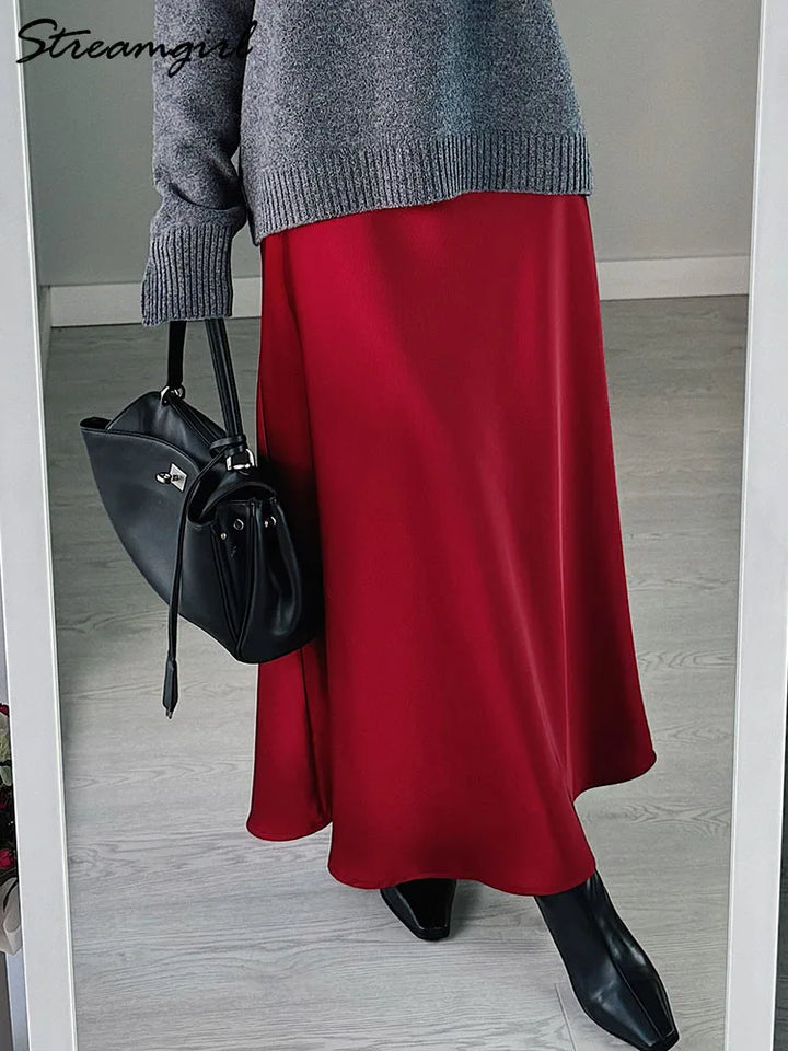 Elastic Waist Midi Skirt — Beige