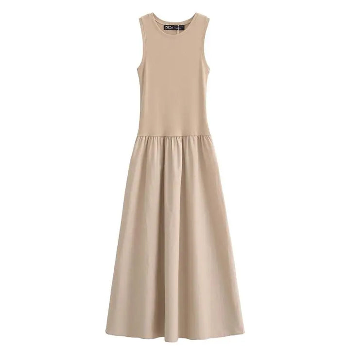 Isabelle Summer Dress in beige, flat lay, front view with gathered waist detail
