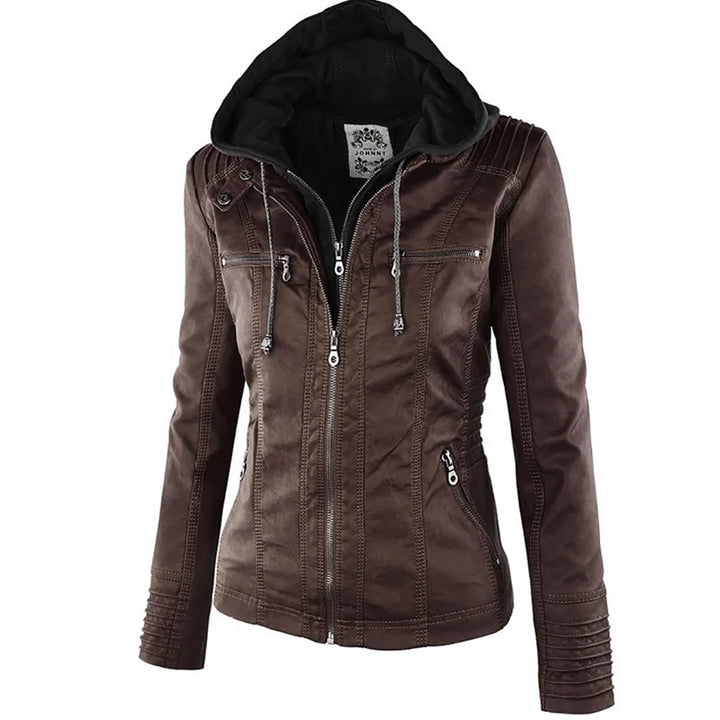 Hooded Faux Leather Jacket front view, light brown with silver zippers and ribbed side panels