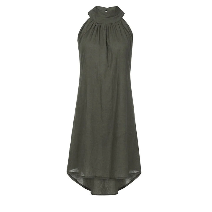 Front view of a jade irregular summer beach dress on a mannequin, showing the high neck and asymmetrical hem
