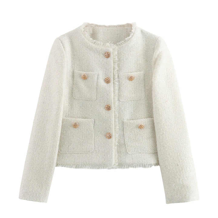 Front flat lay of a white chic tweed buttoned jacket with decorative buttons and fringe trim
