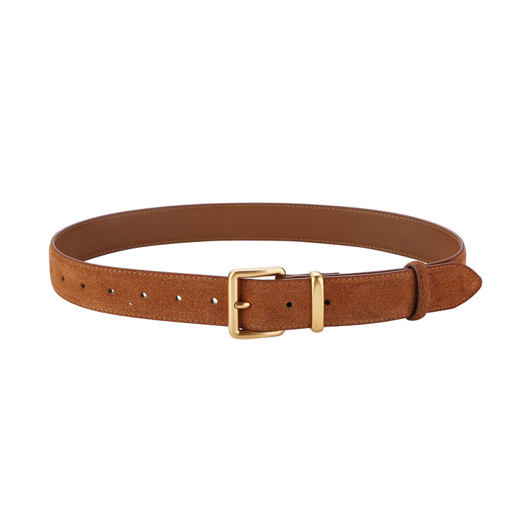 Front view of a tan vintage suede leather belt with a gold buckle on a white background