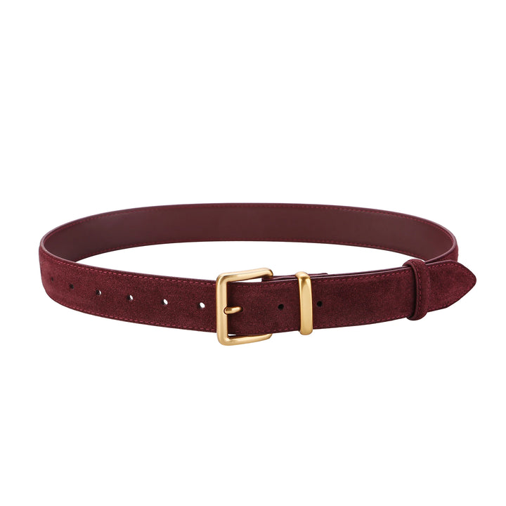 Front view of a burgundy vintage suede leather belt with a gold buckle