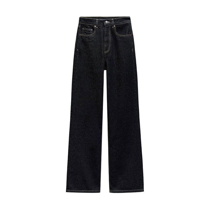 Black vintage spliced denim trousers, front view flat lay