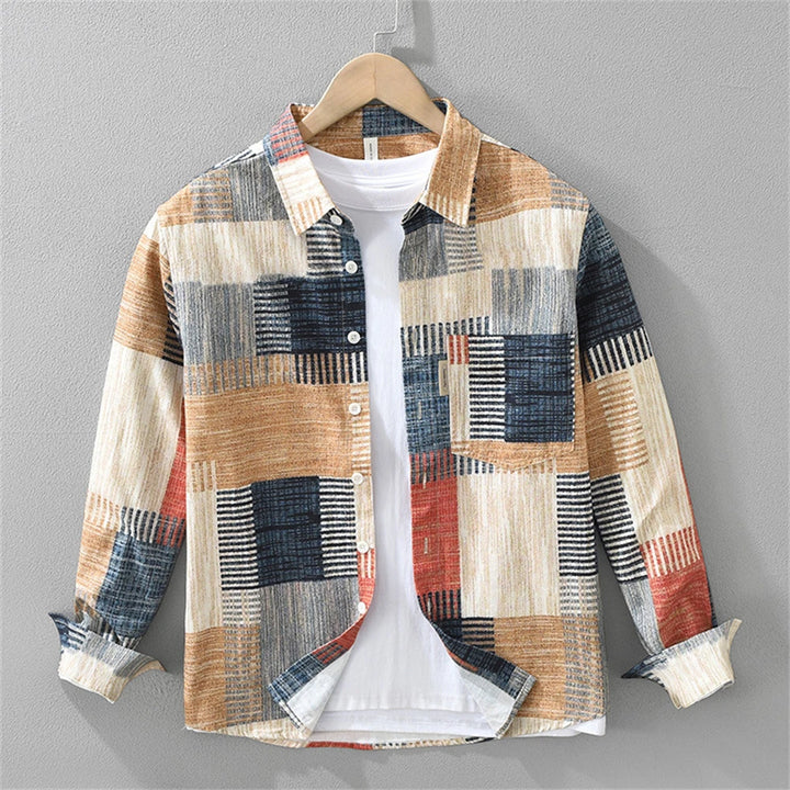 Front view of a Japanese Style Casual Long Sleeve Shirt in cotton broadcloth, with a colourful patchwork design