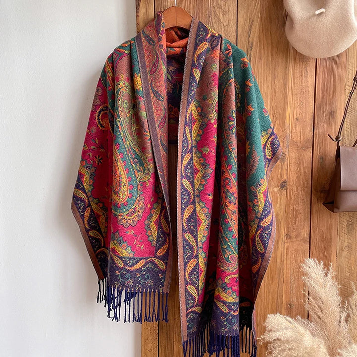 Red and green paisley cashmere jacquard scarf with dark blue tassels