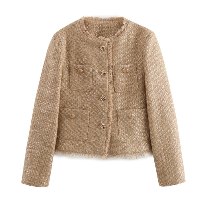 Front flat lay of a beige chic tweed buttoned jacket with decorative buttons and fringe trim