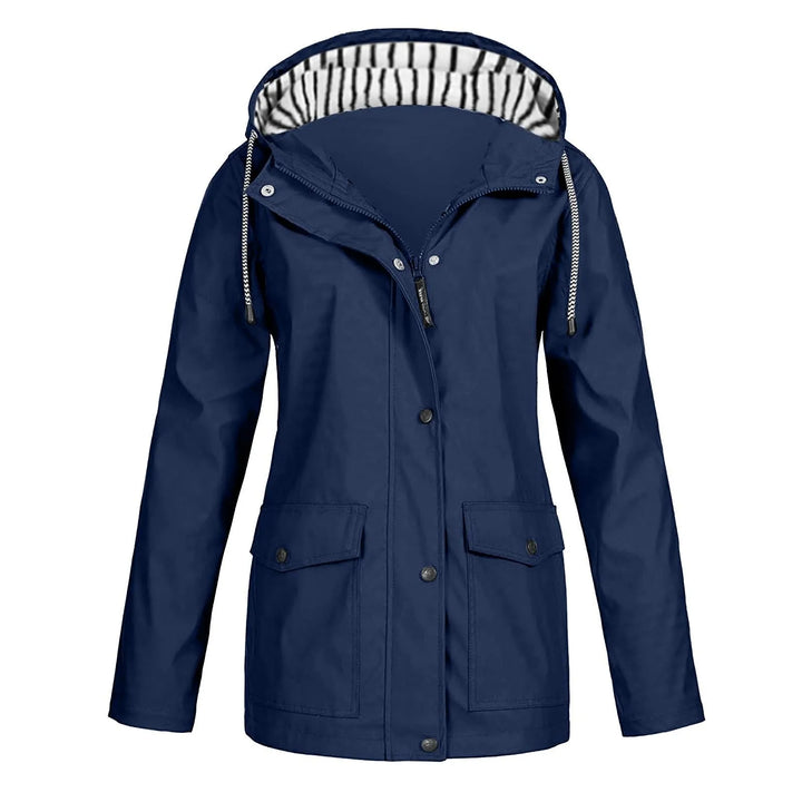 Front view of a navy blue Isla long waterproof hooded raincoat jacket with a zip and button closure