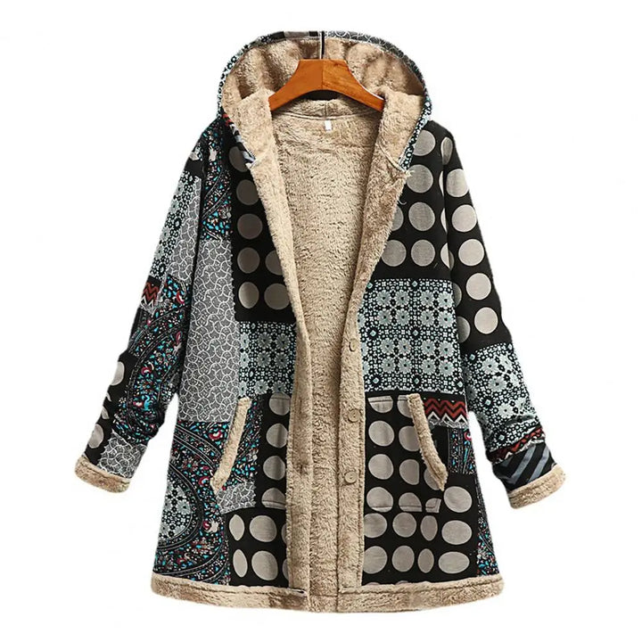 Black patchwork hooded winter coat open to show the cream sherpa lining