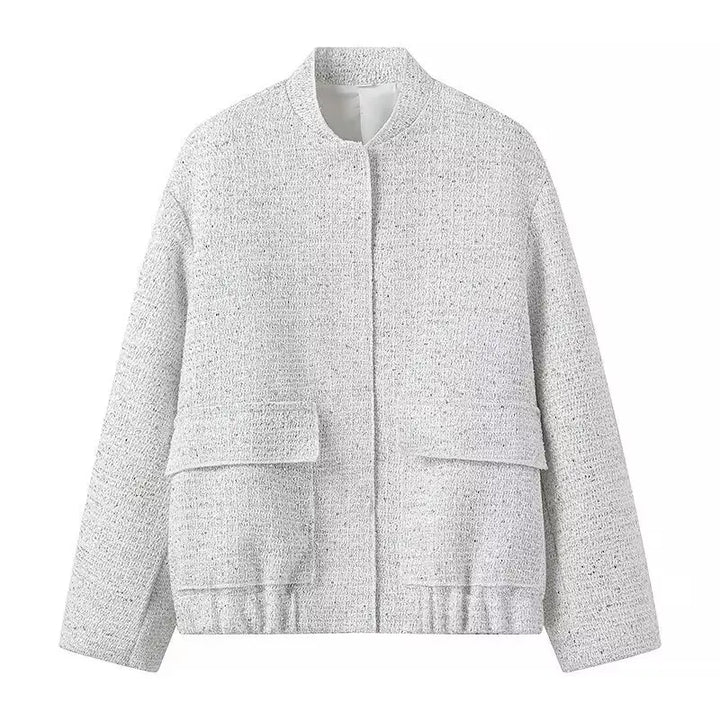 Light grey sequin short jacket with a high collar, back view