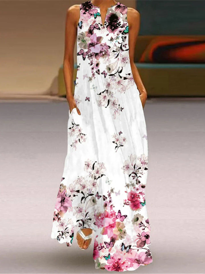Front view worn by model, Butterfly Bloom A-Line Dress with a white background and pink floral print