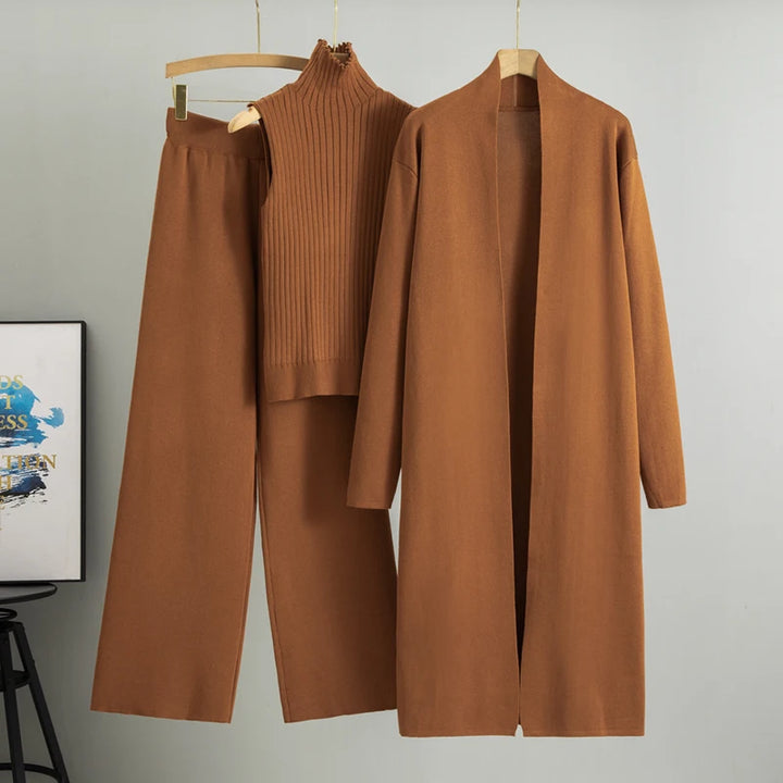 Flat lay of the brown Ruby 3-piece knitted cardigan set with long cardigan, ribbed top, and wide leg pants