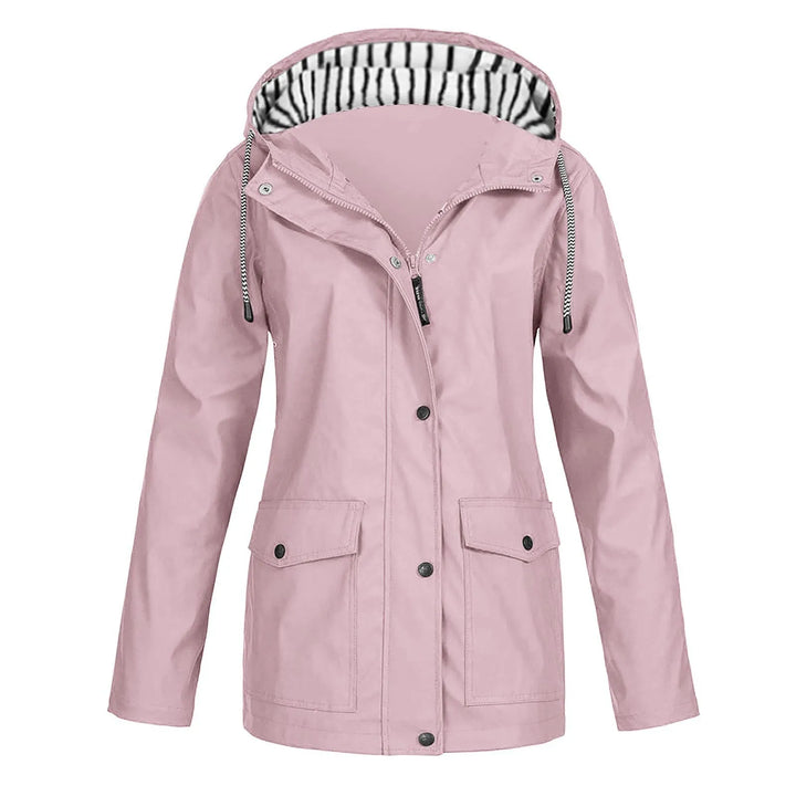 Front view of a pink Isla waterproof hooded raincoat jacket with black buttons and two front pockets
