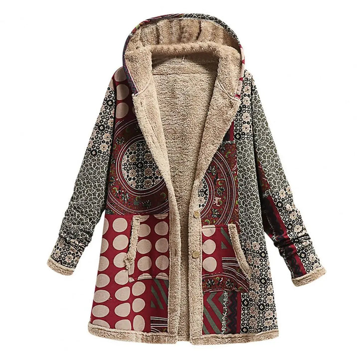 Front view of an open Jade Ethnic Patchwork Hooded Winter Coat, showing the inner sherpa lining and buttons