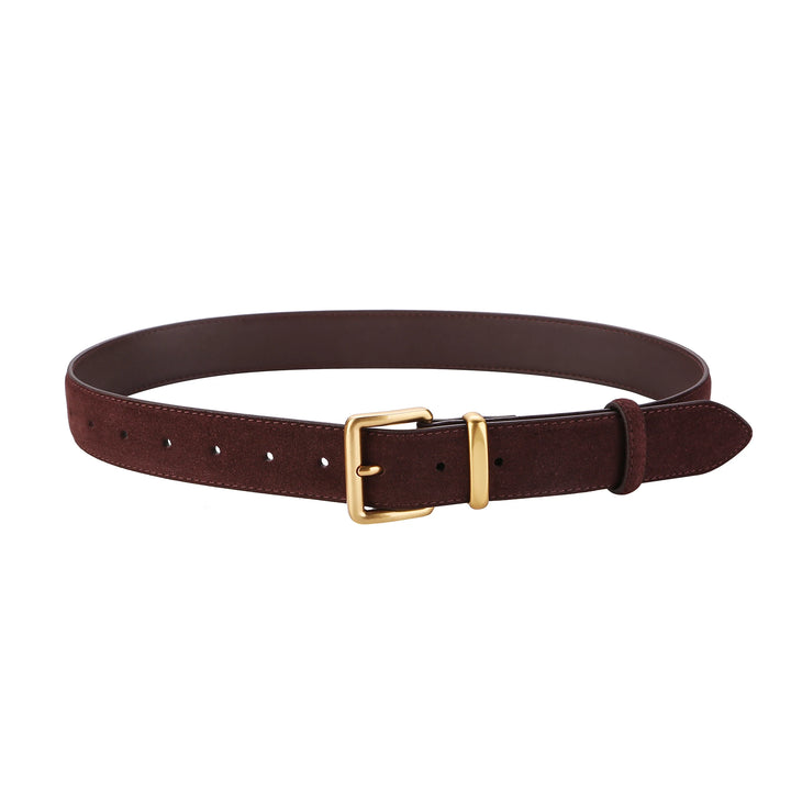 Back view of a burgundy vintage suede leather belt with a gold buckle
