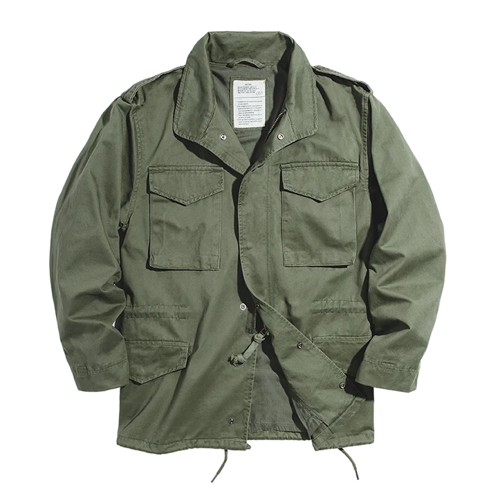 Vintage Cotton Military Field Jacket flat lay, showing olive green fabric, pockets, and drawstring waist