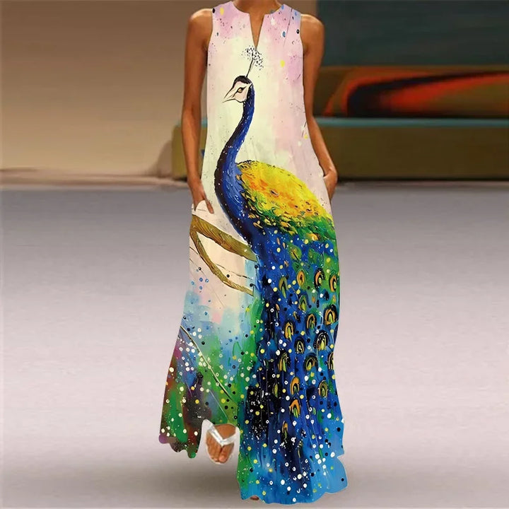 Front view of the Butterfly Bloom A-Line Dress with a large colourful peacock print and pockets