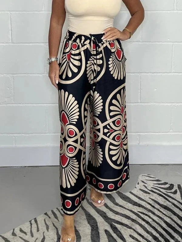 Retro Floral Satin Lounge Pants, front view worn by model, with a drawstring waist and wide leg, standing, full length